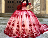 Custom Made 3D Flower Red Lace Quinceanera Dresses Off the MyChicDress